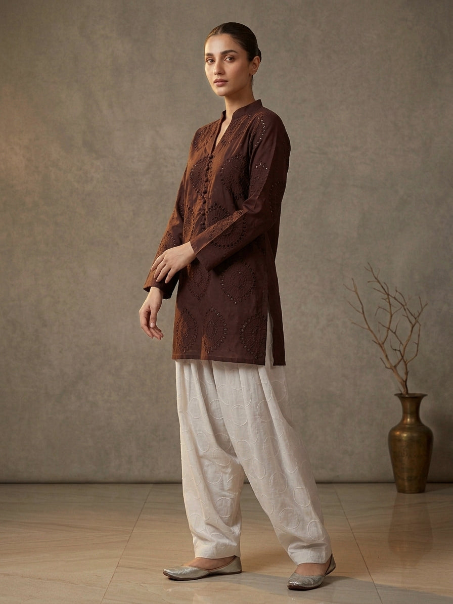 Brown Cutwork Kurta Set