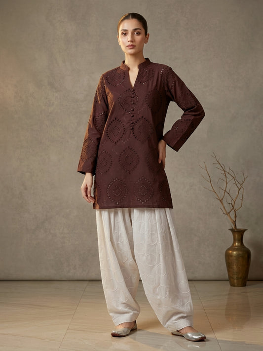 Brown Cutwork Kurta Set