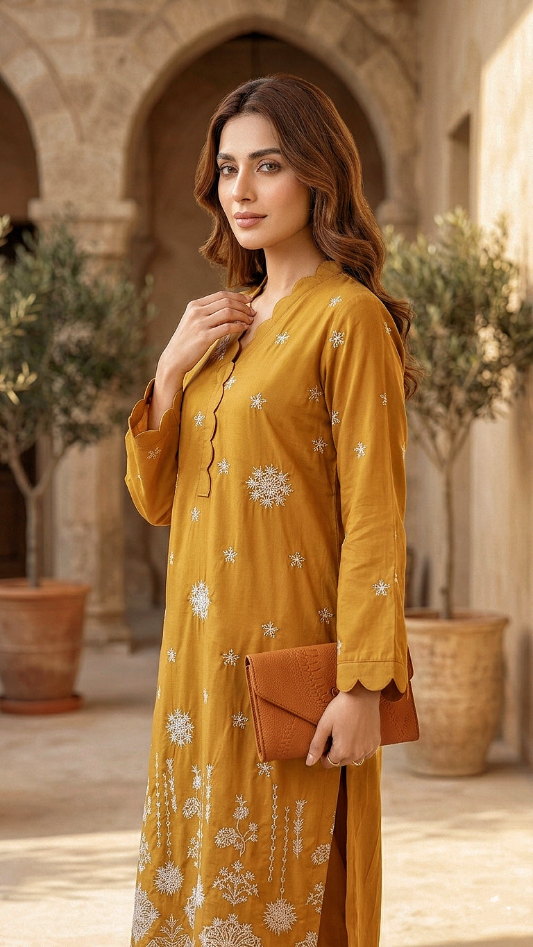 Mustard Floral Scallop Suit