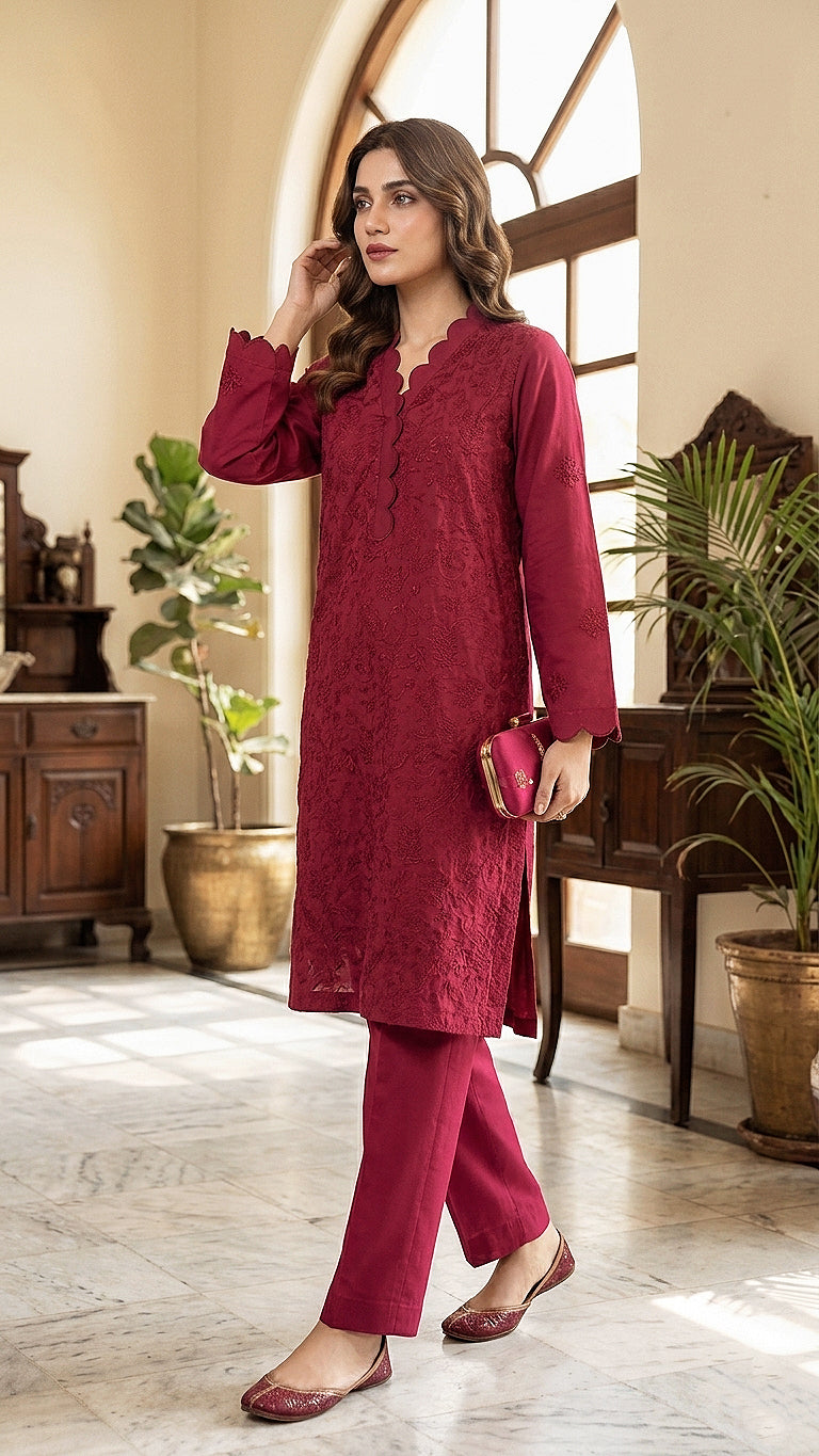 Crimson Scalloped Embroidered Set