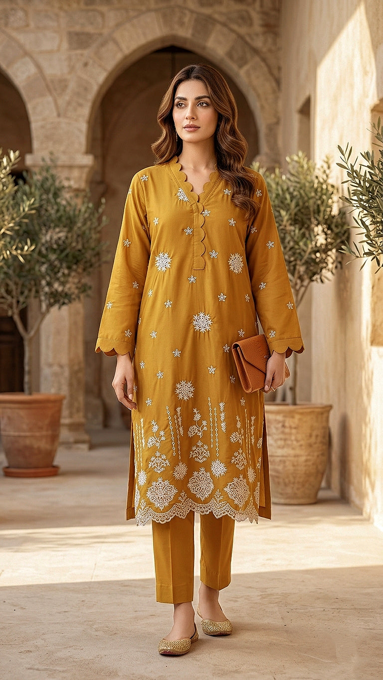 Mustard Floral Scallop Suit