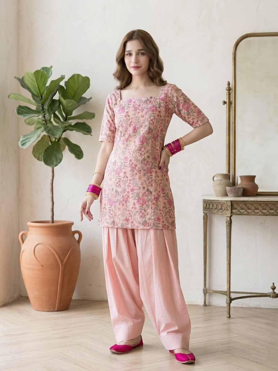Peach Blossom Printed Kurta Set